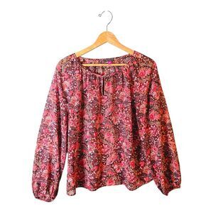 Vince Camuto Pink Abstract Paisley Semi Sheer Blouse Large Split Neck